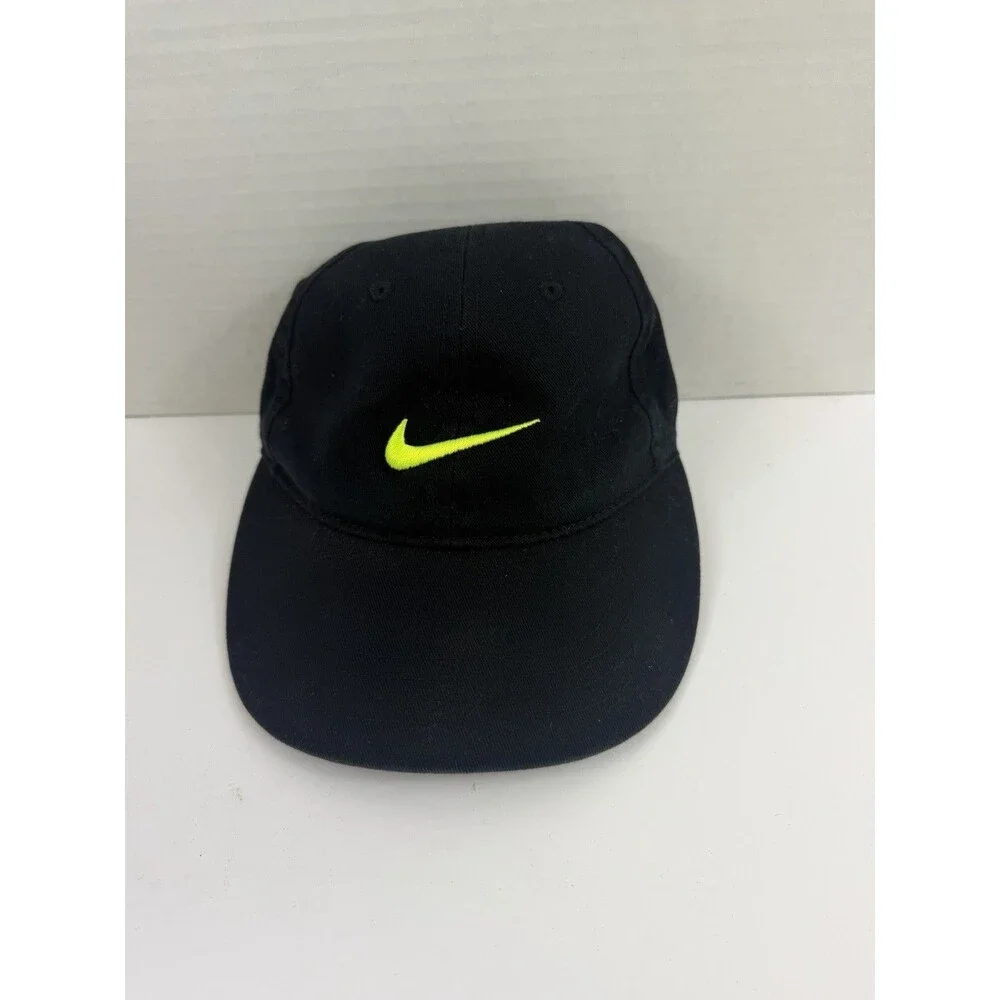 Nike Cap Kids Size 4-7 Black Embroidered Neon Swoosh Adjustable Cotton Hat